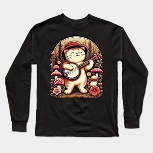 Cute Cottagecore Aesthetic Cat Playing Banjo Mushroom Long Sleeve T-Shirt